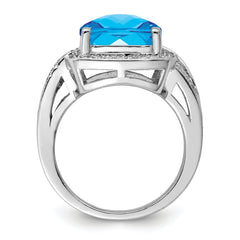 Sterling Silver Rhodium Checker-Cut Swiss Blue Topaz & Diam. Ring