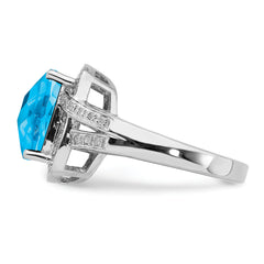 Sterling Silver Rhodium Checker-Cut Swiss Blue Topaz & Diam. Ring