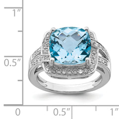 Sterling Silver Rhodium Checker-Cut Swiss Blue Topaz & Diam. Ring