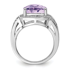 Sterling Silver Rhodium Checker-Cut Pink Quartz & Diam. Ring