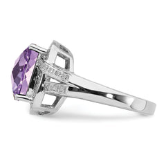 Sterling Silver Rhodium Checker-Cut Pink Quartz & Diam. Ring