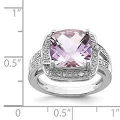 Sterling Silver Rhodium Checker-Cut Pink Quartz & Diam. Ring
