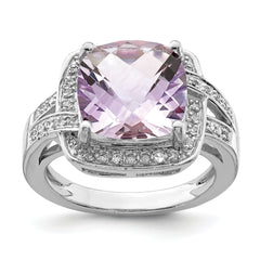 Sterling Silver Rhodium Checker-Cut Pink Quartz & Diam. Ring