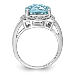 Sterling Silver Rhodium Checker-Cut Sky Blue Topaz & Diam. Ring