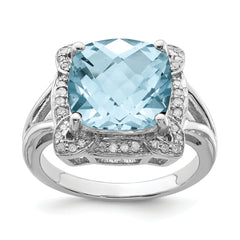 Sterling Silver Rhodium Checker-Cut Sky Blue Topaz & Diam. Ring