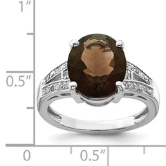Sterling Silver Rhodium Oval Smoky Quartz & Diam. Ring