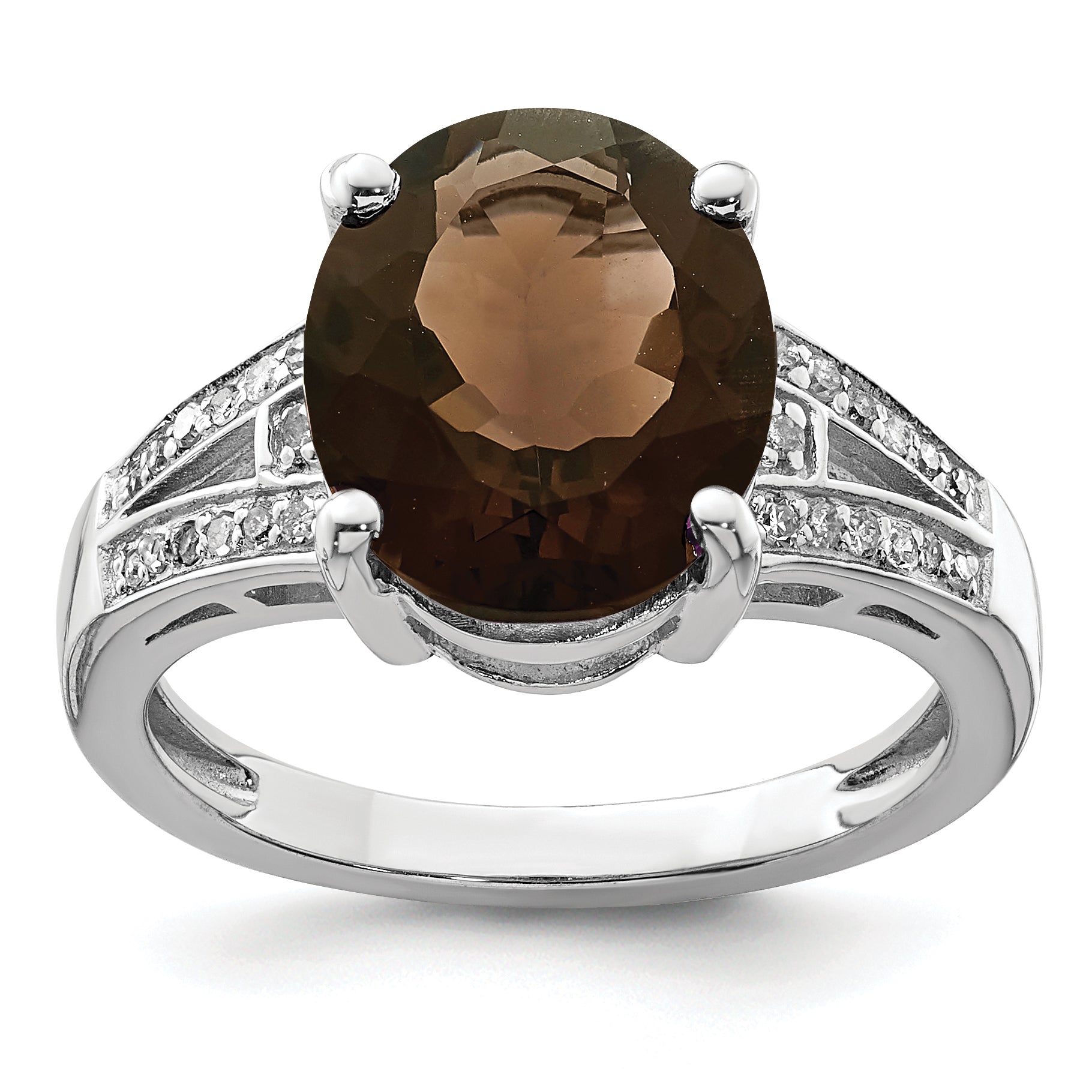 Sterling Silver Rhodium Oval Smoky Quartz & Diam. Ring