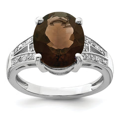 Sterling Silver Rhodium Oval Smoky Quartz & Diam. Ring