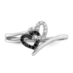White Night Sterling Silver Rhodium-plated Black and White Diamond Double Heart Ring