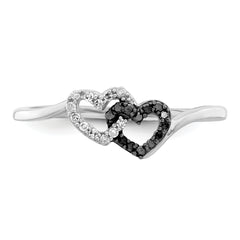 White Night Sterling Silver Rhodium-plated Black and White Diamond Double Heart Ring
