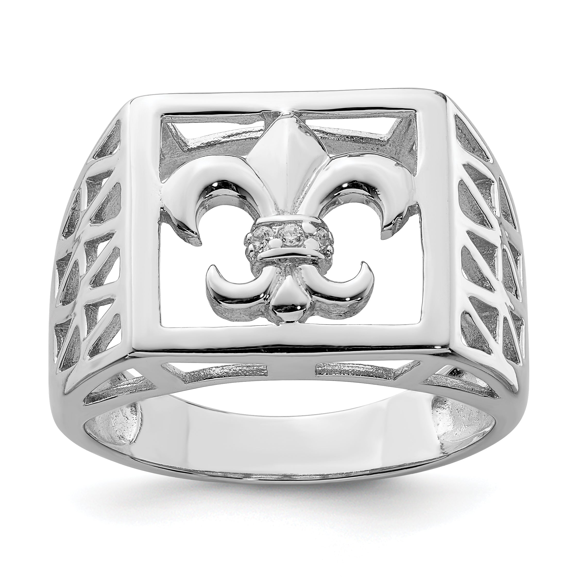 Sterling Silver Rhodium Plated CZ Fleur de lis Ring