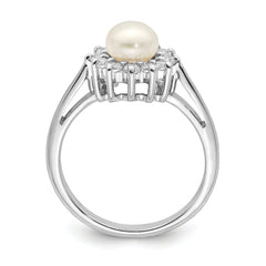 Sterling Silver Rhodium Plated CZ and FW Cultured Pearl Ring