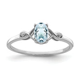 Sterling Silver Rhodium Plated Diamond and Aquamarine Oval Ring