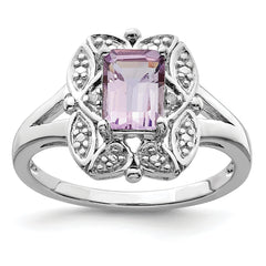 Sterling Silver Rhodium Diam. & Pink Quartz Ring
