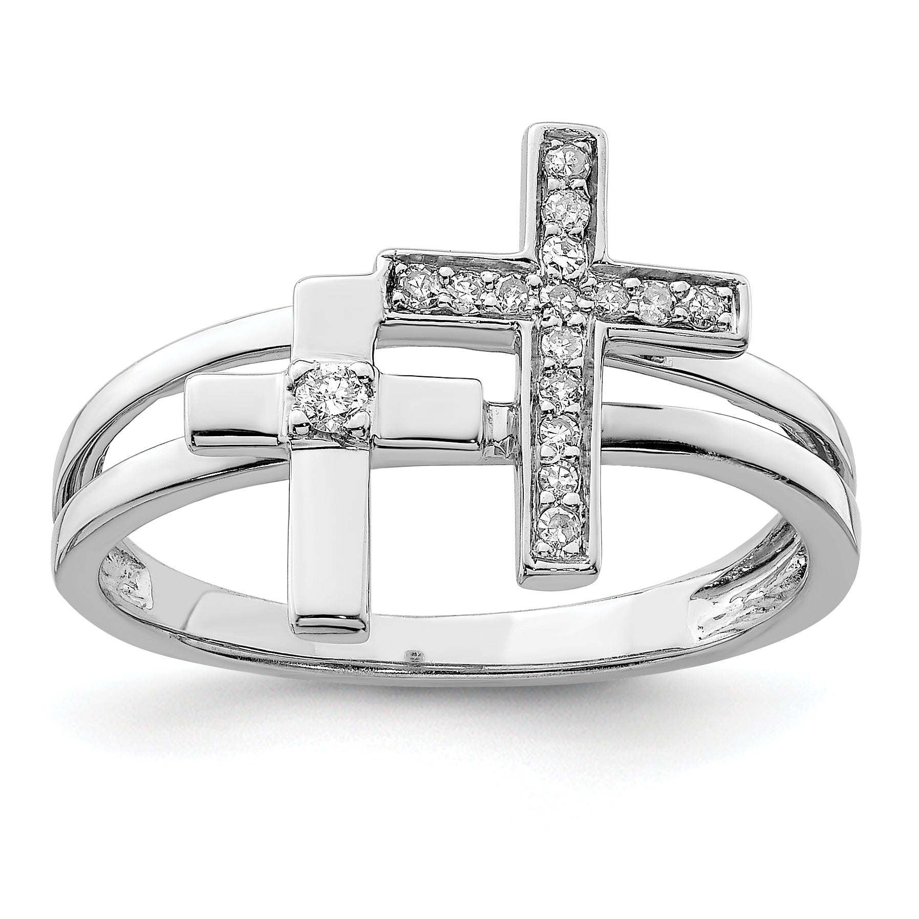 Sterling Silver Rhodium Plated Diamond Crosses Ring