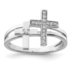 Sterling Silver Rhodium Plated Diamond Crosses Ring