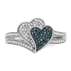 White Night Sterling Silver Rhodium-plated Blue and White Diamond Hearts Ring