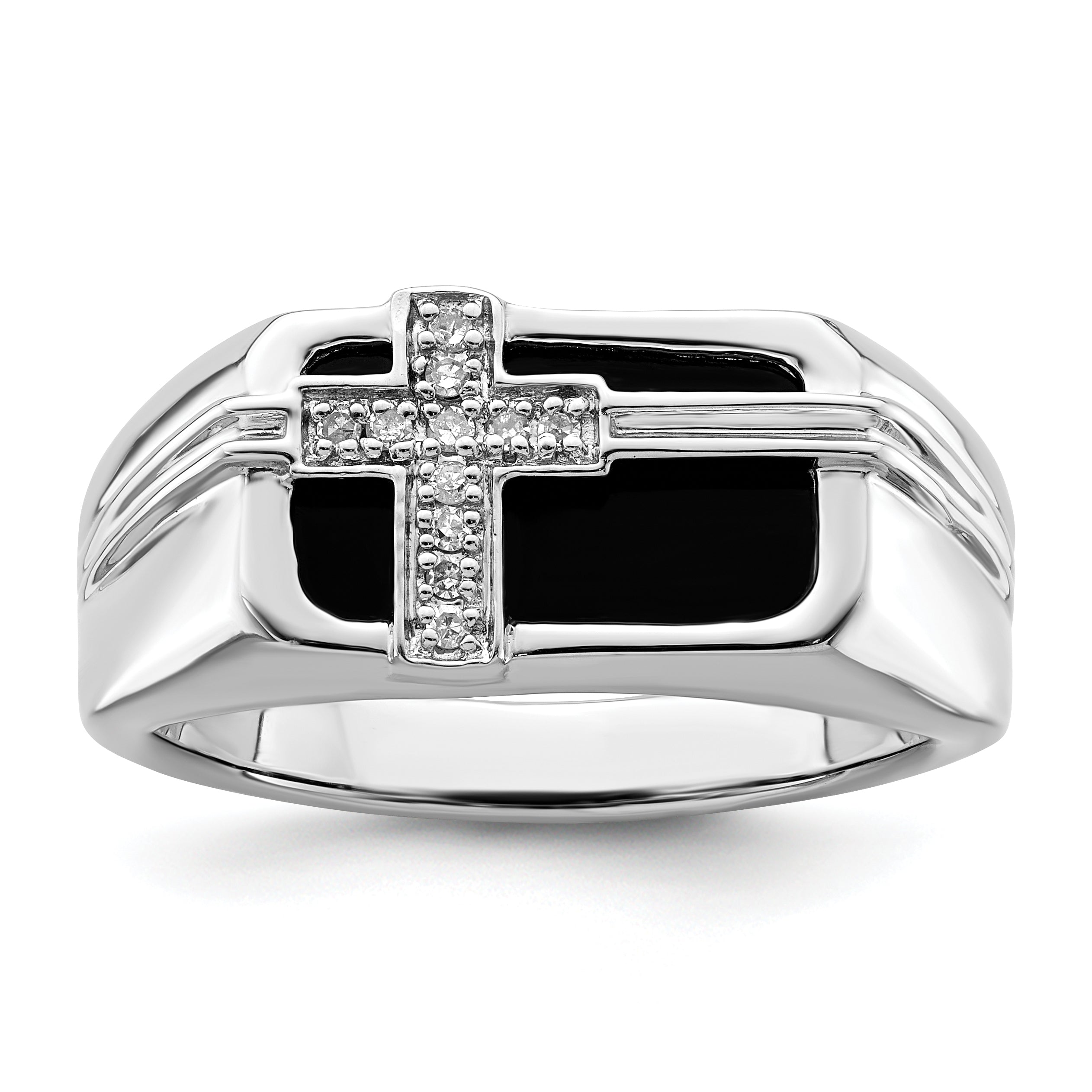 White Night Sterling Silver Rhodium-plated Diamond and Black Onyx Cross Men's Ring