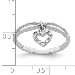 Sterling Silver Rhodium Plated Diamond Heart Dangle Ring