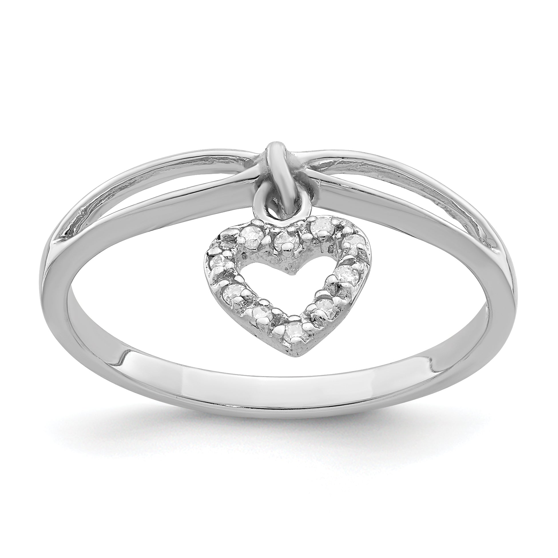 Sterling Silver Rhodium Plated Diamond Heart Dangle Ring