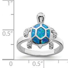 Sterling Silver Rhodium-plated Created Blue Opal Turtle Ring