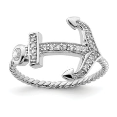 Sterling Silver Rhodium-plated Polished and Textured CZ Anchor Ring