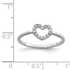 Sterling Silver Rhodium-plated Polished & Textured CZ Heart Ring