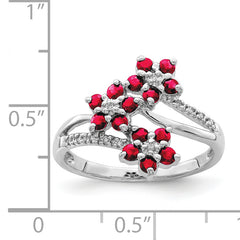 Sterling Silver Rhodium-plated 3 Flower Ruby and Diamond Ring