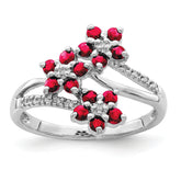 Sterling Silver Rhodium-plated 3 Flower Ruby and Diamond Ring