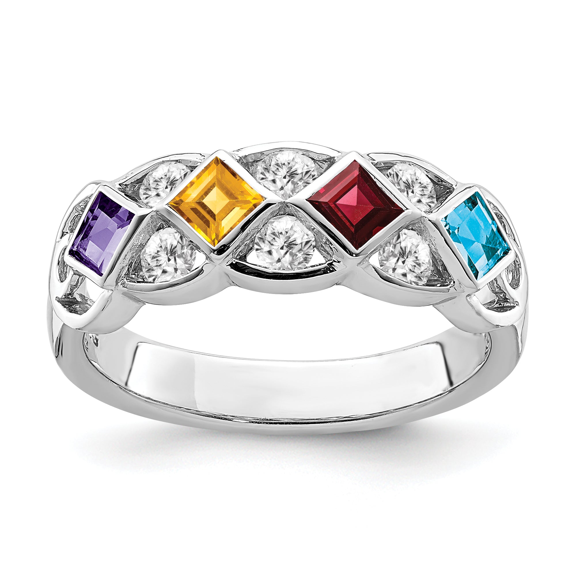 SS Rhodium-plated With CZ, Amethyst, Citrine, Garnet & Blue Topaz Ring