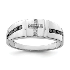 Sterling Silver Rhodium Plated Black and White Diam. Cross Men's Ring