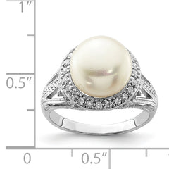 Sterling Silver Rhodium-plated 10-11mm White Button Freshwater Cultured Pearl and CZ Ring