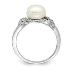 Sterling Silver Rhodium-plated 8-9mm White Button Freshwater Cultured Pearl and CZ Ring