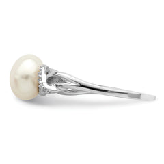 Sterling Silver Rhodium-plated 8-9mm White Button Freshwater Cultured Pearl and CZ Ring