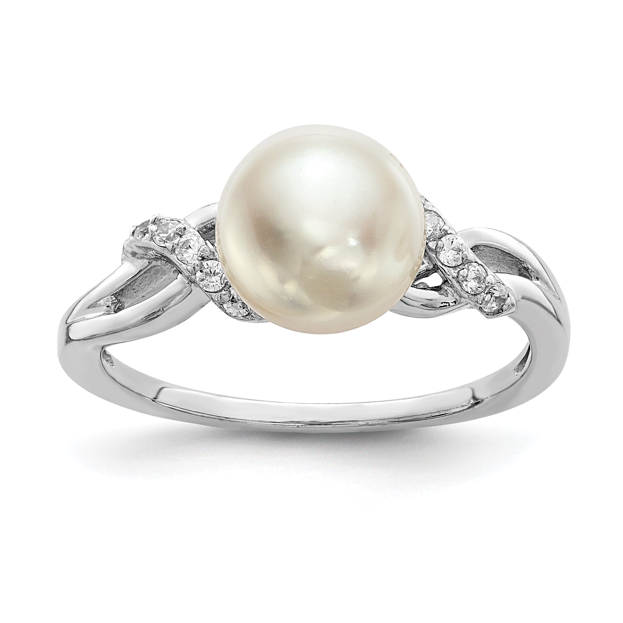 Sterling Silver Rhodium-plated 8-9mm White Button Freshwater Cultured Pearl and CZ Ring