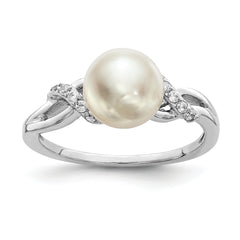 Sterling Silver Rhodium-plated 8-9mm White Button Freshwater Cultured Pearl and CZ Ring