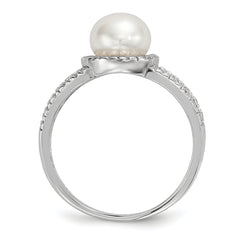 Sterling Silver Rhodium-plated 7-8mm White Button Freshwater Cultured Pearl and CZ Ring