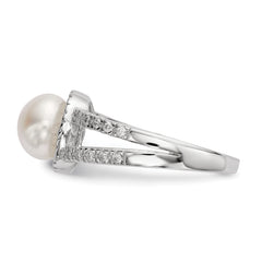 Sterling Silver Rhodium-plated 7-8mm White Button Freshwater Cultured Pearl and CZ Ring