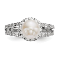 Sterling Silver Rhodium-plated 7-8mm White Button Freshwater Cultured Pearl and CZ Ring