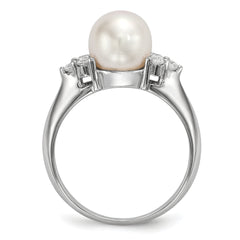Sterling Silver Rhodium-plated 8-9mm White Button Freshwater Cultured Pearl and CZ Ring