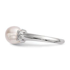 Sterling Silver Rhodium-plated 8-9mm White Button Freshwater Cultured Pearl and CZ Ring