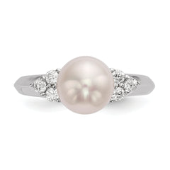 Sterling Silver Rhodium-plated 8-9mm White Button Freshwater Cultured Pearl and CZ Ring