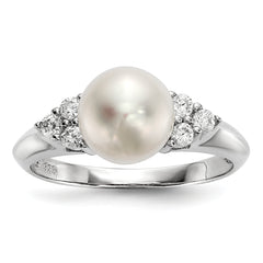 Sterling Silver Rhodium-plated 8-9mm White Button Freshwater Cultured Pearl and CZ Ring