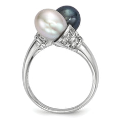 Sterling Silver Rhodium-plated 7-8mm Black and Grey Rice Freshwater Cultured Pearl and CZ Ring
