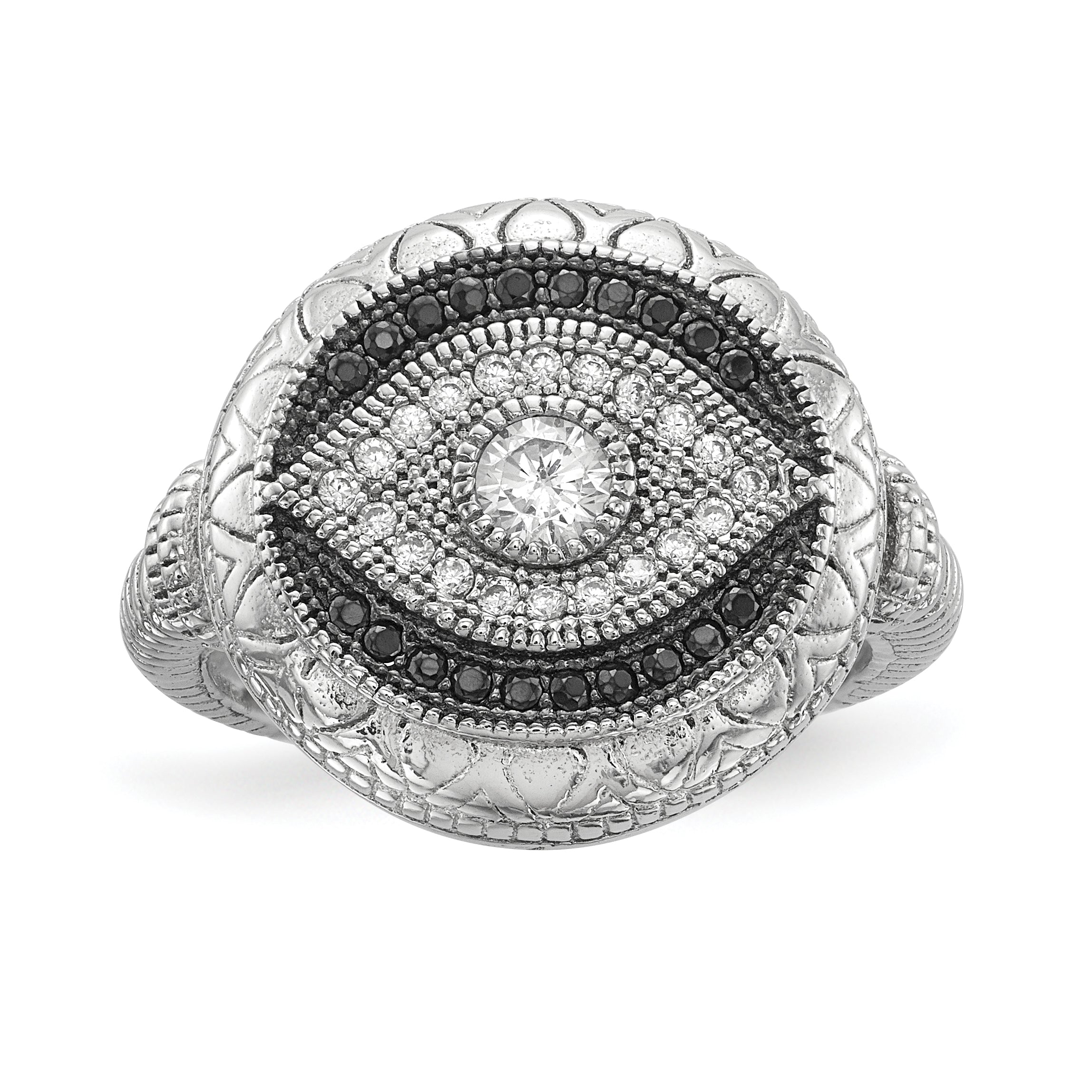 Sterling Silver Rhodium-plated Black and White CZ Evil Eye Ring