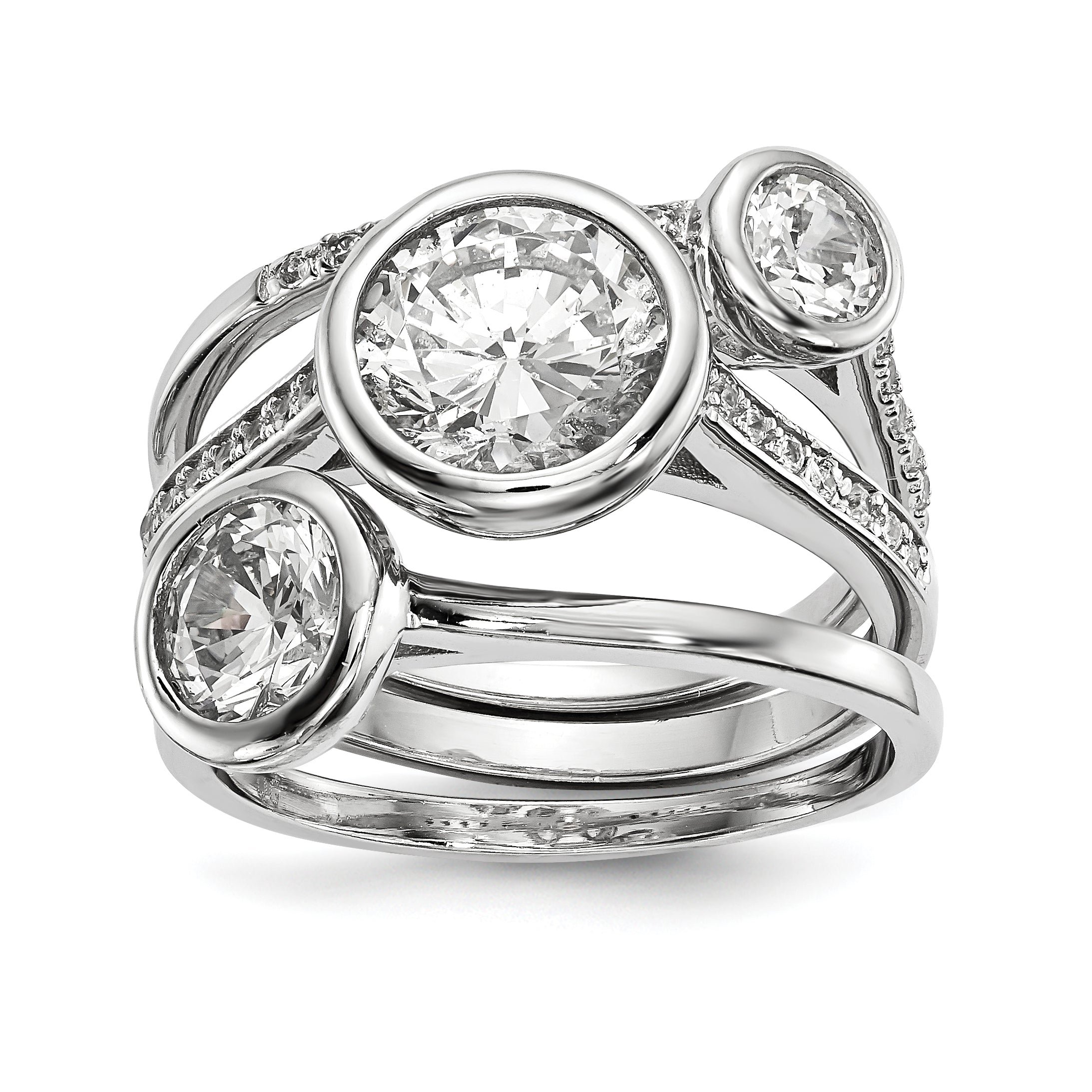 Sterling Silver Rhodium-plated CZ 3-Ring Set