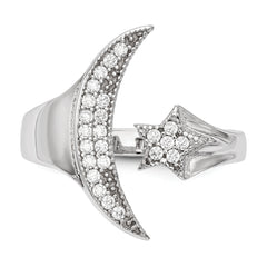 Sterling Silver Rhodium-plated CZ Moon With Star Polished Ring