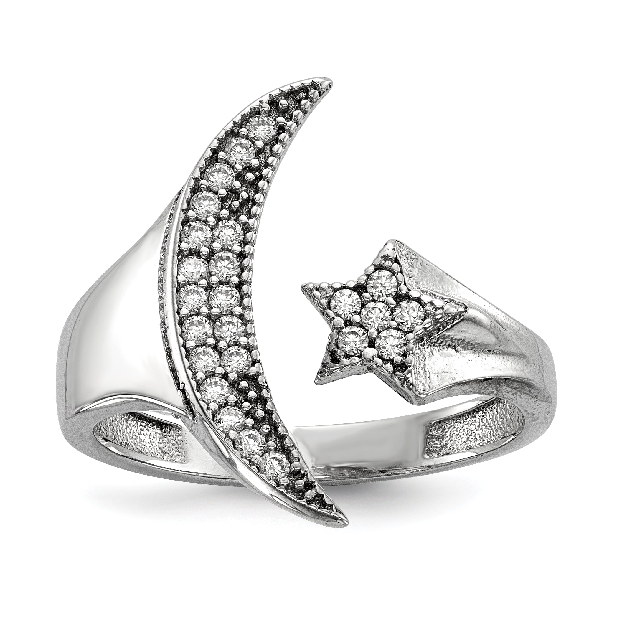 Sterling Silver Rhodium-plated CZ Moon With Star Polished Ring