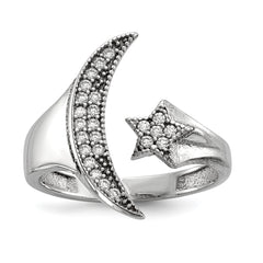Sterling Silver Rhodium-plated CZ Moon With Star Polished Ring