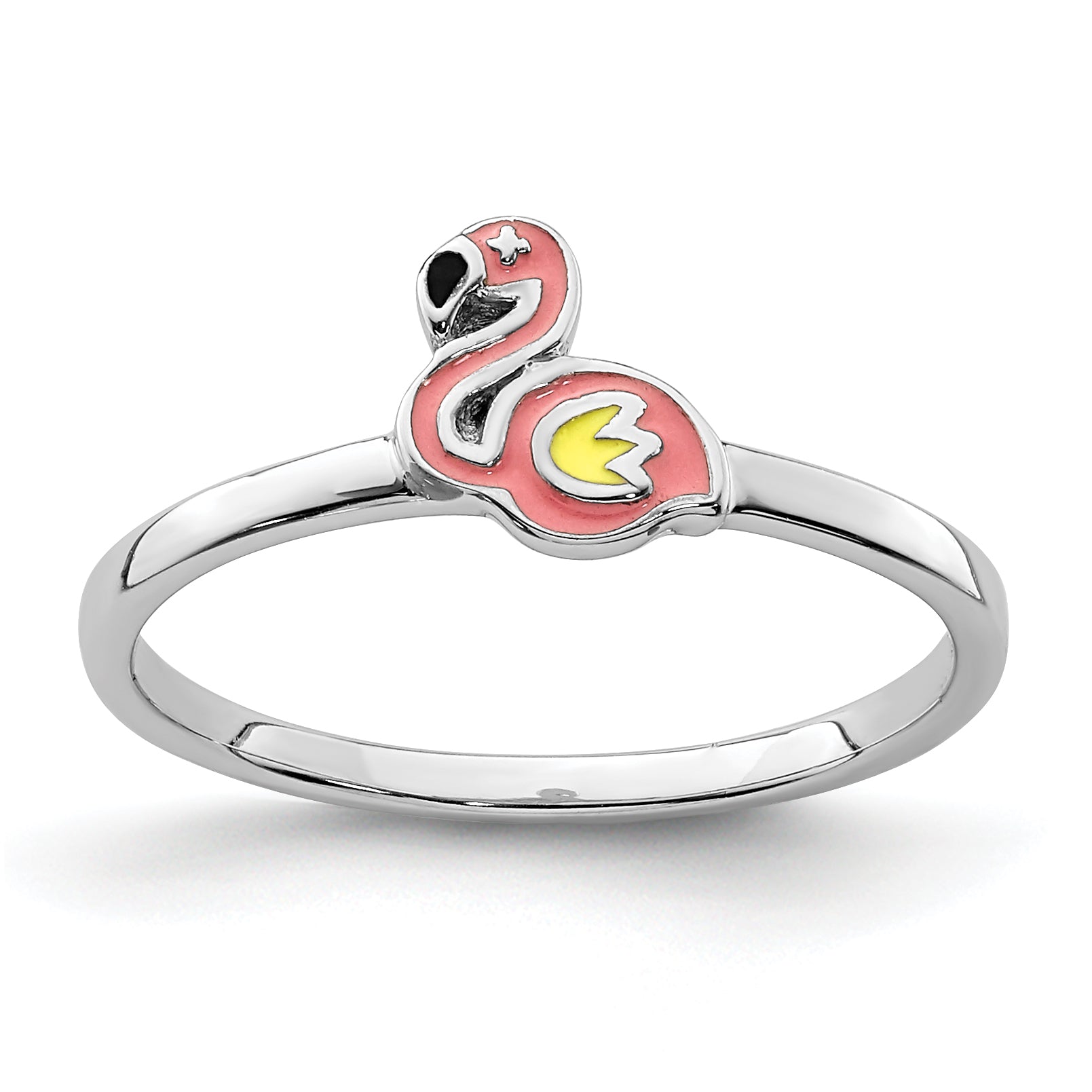 Sterling Silver Rhodium-plated Multi-color Enameled Flamingo Children's Ring